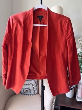 Ann Taylor Factory Cinched Sleeve Linen Blend Jacket in Red Clay color